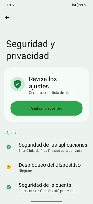 Para activar su bloqueo de pantalla, vaya al menú Seguridad y privacidad y seleccione Desbloqueo del dispositivo