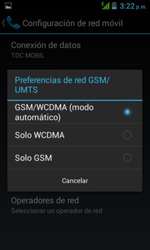 Seleccione Solo GSM para habilitar 2G y GSM/WCDMA (modo automático) para habilitar 2G/3G