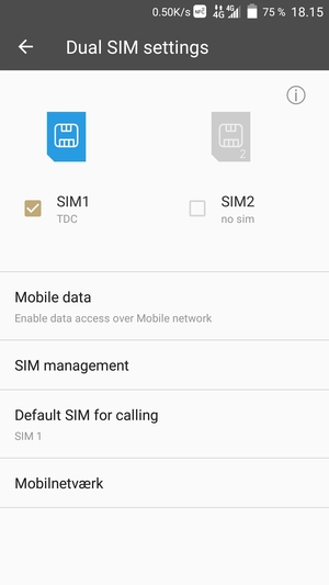 Vælg SIM1 eller SIM2 og vælg Mobilnetværk