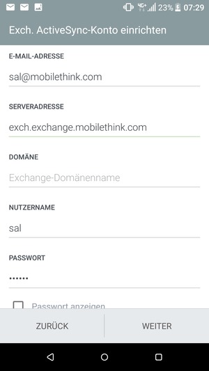 Geben Sie Exchange Server-Adresse und NUTZERNAME ein. Wählen Sie WEITER