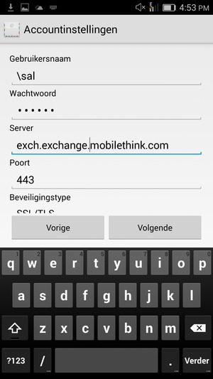 Voer Gebruikersnaam en Exchange serveradres in. Selecteer Volgende