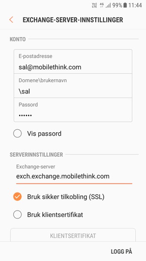 Skriv inn Brukernavn og Exchange serveradresse. Velg LOGG PÅ
