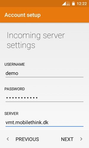 Enter Username and Incoming server address