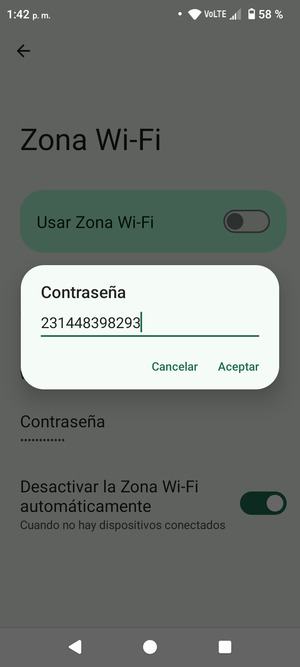 Introduzca una contraseña de punto de acceso Wi-Fi de al menos 8 caracteres y seleccione Aceptar