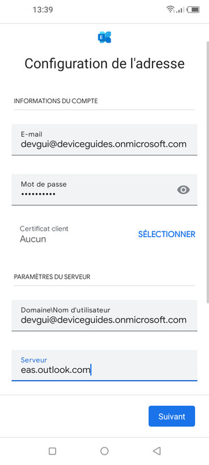 Saisissez Nom d'utilisateur et l'adresse du serveur Exchange. Sélectionnez Suivant