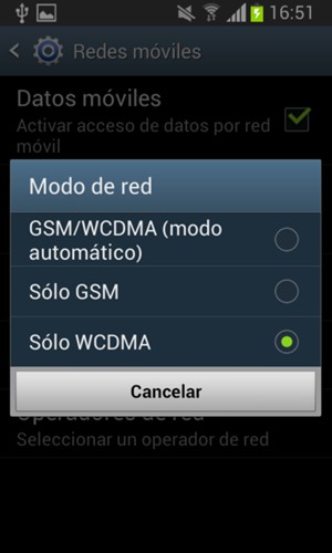 Seleccione Sólo GSM para habilitar 2G y GSM/WCDMA (modo automático para habilitar 3G