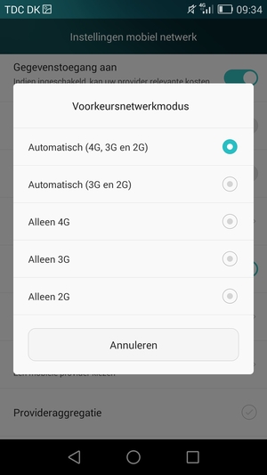 Selecteer Automatisch (3G en 2G) om 3G in te schakelen en Automatisch (4G, 3G en 2G) om 4G in te schakelen