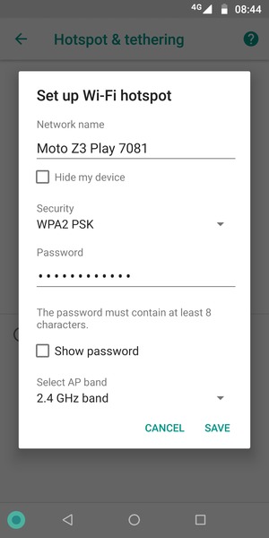 Enter a Wi-Fi hotspot password of at least 8 characters and select SAVE