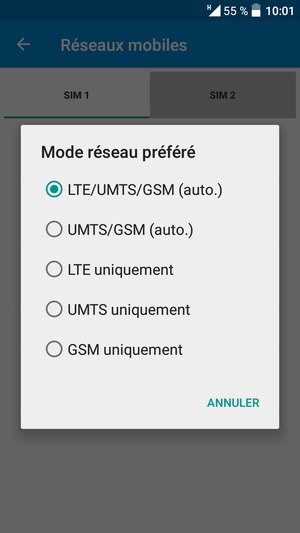 Sélectionnez UMTS/GSM (auto.) pour activer la 3G et LTE/UMTS/GSM (auto.) pour activer la 4G