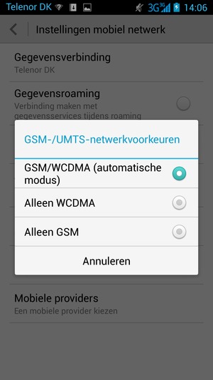 Selecteer Alleen GSM om 2G in te schakelen en GSM/WCDMA (automatische modus) om 3G in te schakelen