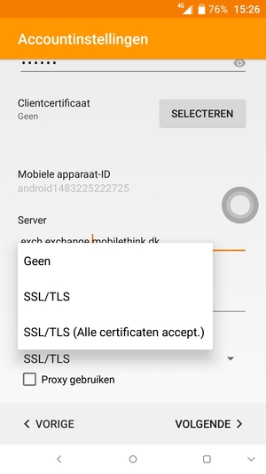 Selecteer SSL/TLS (Alle certificaten accept.) en selecteer VOLGENDE