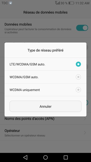 Sélectionnez WCDMA/GSM auto. pour activer la 3G et LTE/WCDMA/GSM auto. pour activer la 4G