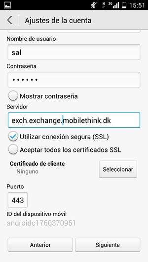 Introduzca la dirección de servidor Exchange y seleccione Siguiente