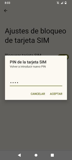 Confirme su nuevo PIN de la tarjeta SIM y seleccione ACEPTAR