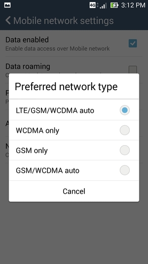 Select GSM/WCDMA auto to enable 3G and LTE/GSM/WCDMA auto to enable 4G