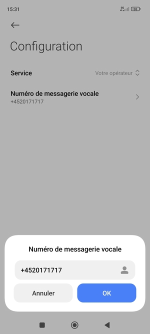 Saisissez le Numéro de  messagerie vocale et sélectionnez OK
