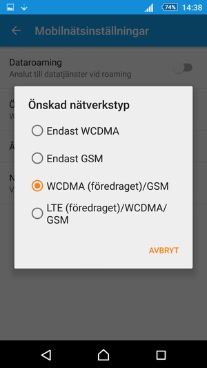 Välj WCDMA (föredraget)/GSM för att aktivera 3G och LTE (föredraget)/WCDMA/GSM för att aktivera 4G