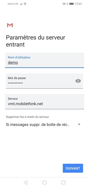 Saisissez votre Nom d'utilisateur et l'adresse du serveur entrant. Sélectionnez SUIVANT