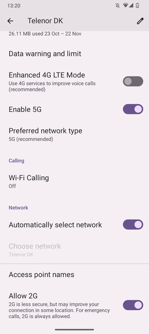 Scroll to and select Preferred network type