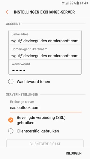 Voer Gebruikersnaam en Exchange serveradres in. Selecteer INLOGGEN