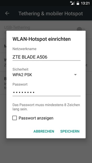 Geben Sie eine WLAN-Hotspot-Passwort mit mindestens 8 Zeichen ein und wählen Sie SPEICHERN