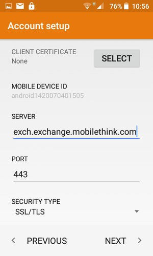 Scroll down and enter Exchange server address. Select NEXT