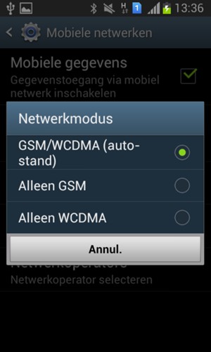 Selecteer Alleen GSM om 2G in te schakelen en GSM/WCDMA (auto-stand) om 3G in te schakelen