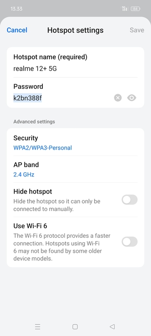 Enter a Wi-Fi hotspot password of at least 8 characters and select Save