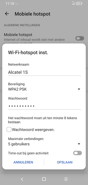 Voer een wachtwoord van een WiFi-hotspot in van ten minste 8 tekens en selecteer OPSLAAN