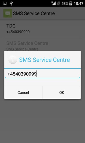 Enter the SMS Service Centre number and select OK