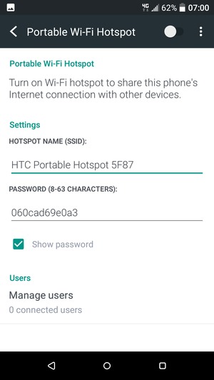 Enter a password of at least 8 characters and turn on Portable Wi-Fi Hotspot