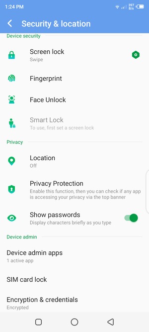 To activate your screen lock, return to the Security & location menu and select Screen lock