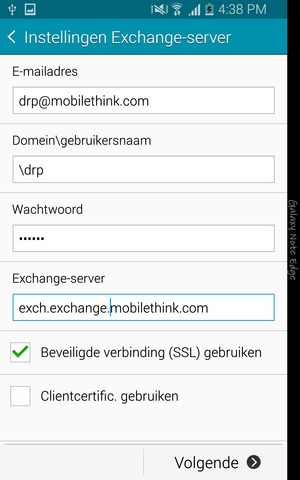 Voer Gebruikersnaam en Exchange serveradres in. Selecteer Volgende