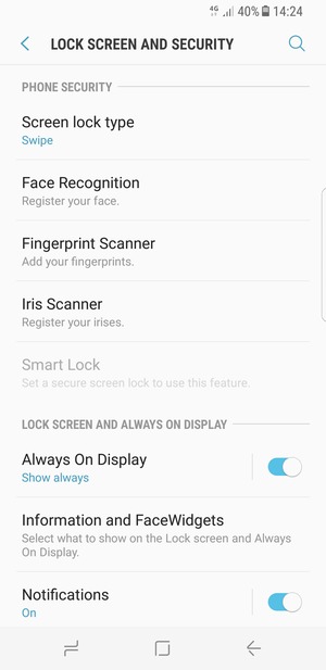 To activate your screen lock, return to the Lock screen and security menu and select Screen lock type