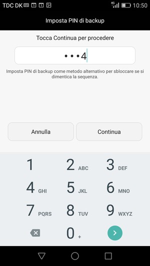 Inserisci una PIN di backup e seleziona Continua