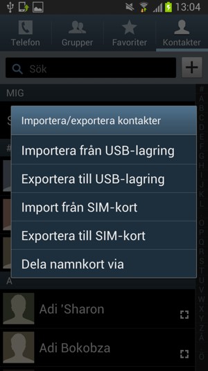 Välj Import från SIM-kort