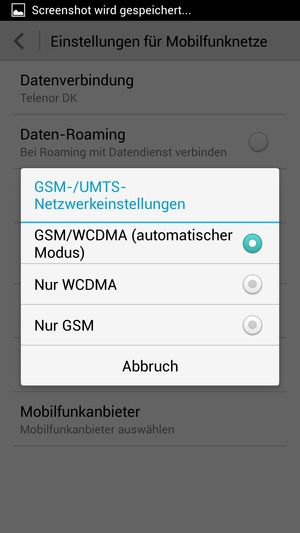 Wählen Sie Nur GSM, um 2G zu aktivieren und GSM/WCDMA (automatischer Modus), um 3G zu aktivieren