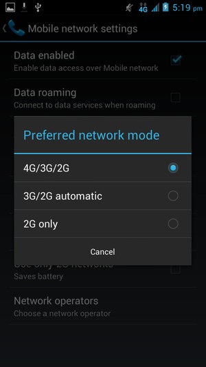 Select 4G/3G/2G to enable 4G and 3G/2G automatic to enable 3G