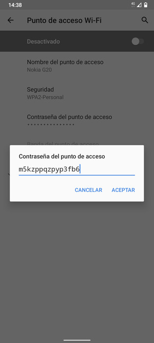 Introduzca una contraseña de punto de acceso Wi-Fi de al menos 8 caracteres y seleccione ACEPTAR