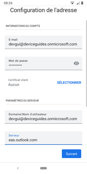 Saisissez votre Nom d'utilisateur et l'adresse du serveur Exchange. Sélectionnez Suivant