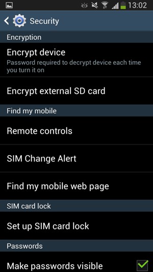 To activate your screen lock, go to the Security menu and select Encrypt device
