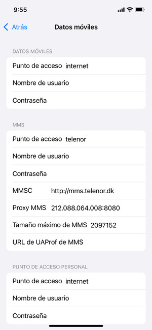 Introduzca la información de MMS