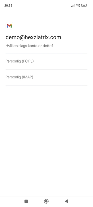 Vælg Personlig (POP3) eller Personlig (IMAP)