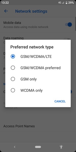 Select GSM/WCDMA preferred to enable 3G and select GSM/WCDMA/LTE to enable 4G