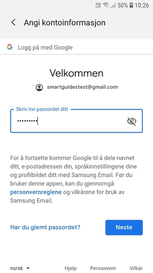 Skriv inn Gmail passord og velg Neste
