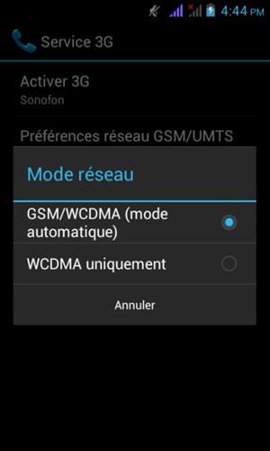 Sélectionnez GSM/WCDMA (mode automatique) pour activer la 2G/3G et WCDMA uniquement pour activer la 3G