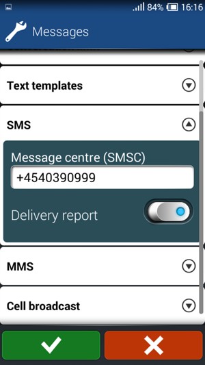 Enter the Message centre (SMSC) number and select OK