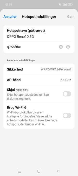 Indtast en Wi-Fi-hotspot adgangskode på minimum 8 tegn og vælg Gem