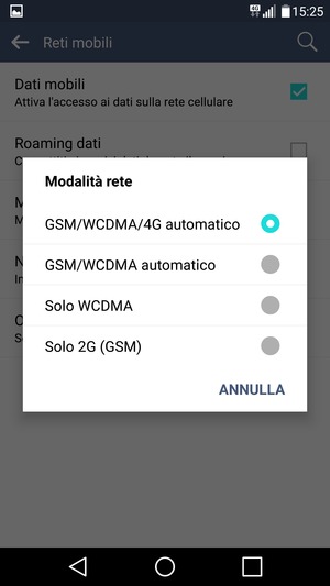 Seleziona GSM/WCDMA automatico per abilitare 3G e GSM/WCDMA/4G automatico per abilitare 4G