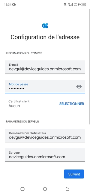 Saisissez votre Nom d'utilisateur et l'adresse du serveur Exchange. Sélectionnez Suivant